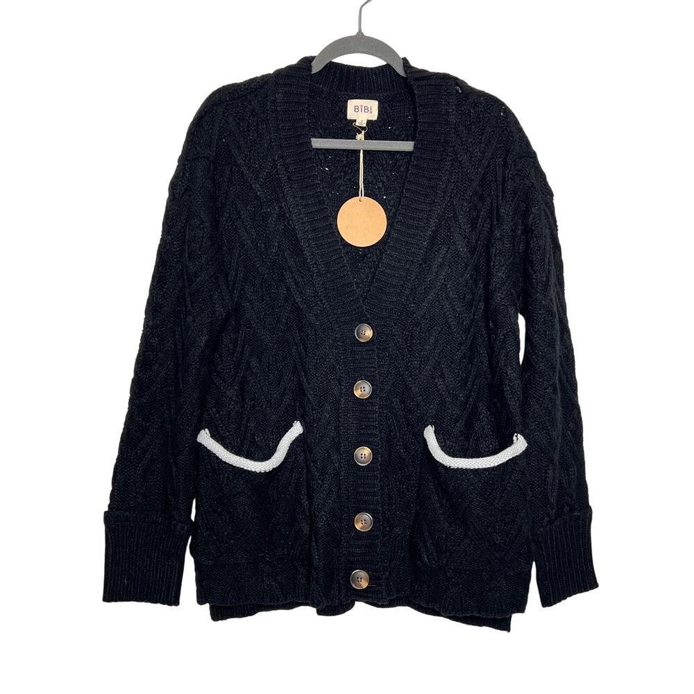 BiBi Black Chunky Knit Cardigan Sweater Size Small Button Front Contrast Pockets